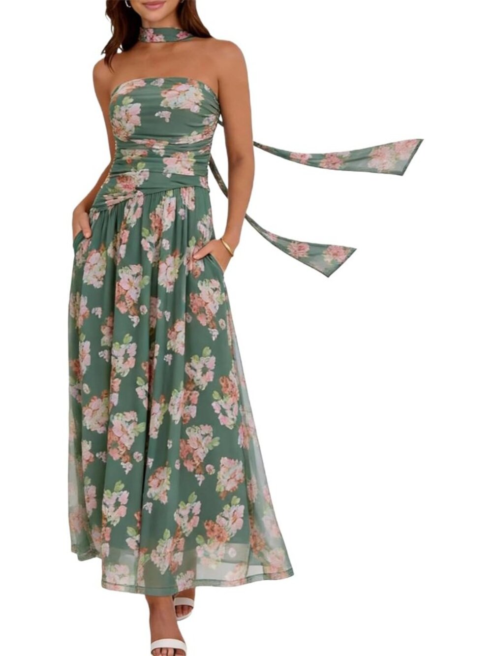 Women's Green Floral Strapless Elastic Waist Side Pocket Wedding Maxi Dresses